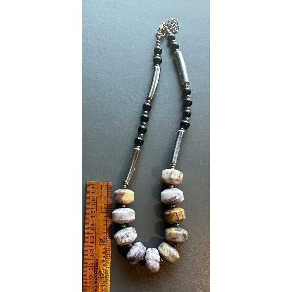Amethyst multi raw stone with silver tone and black beads and matching earrings